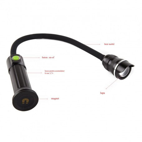 Lanterna de lucru cu brat mobil, buton on-off, magnet si lupa, etichete componente