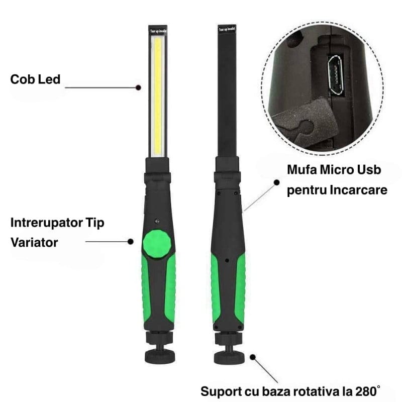 Lampa de lucru COB cu detalii componente: chip COB, variator intensitate, port Micro USB si suport rotativ 280 grade
