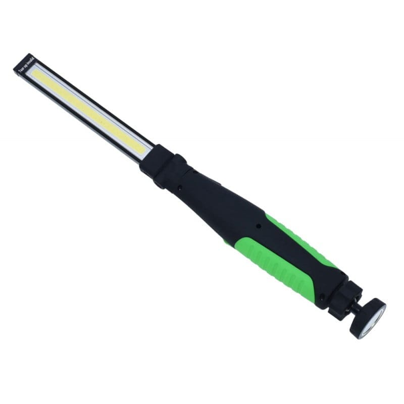 Lampa de lucru COB portabila cu baza magnetica, vedere laterala in pozitie dreapta, maner ergonomic verde-negru