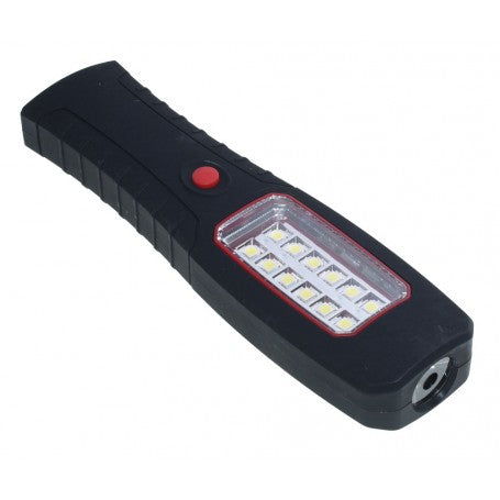 Lanterna de lucru LED portabila, vedere laterala cu panou frontal iluminat si buton ON/OFF