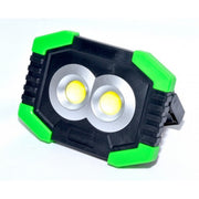 Lampa de lucru portabila cu 2 LED-uri COB, 400 lumeni, incarcare solara si USB, corp verde-negru