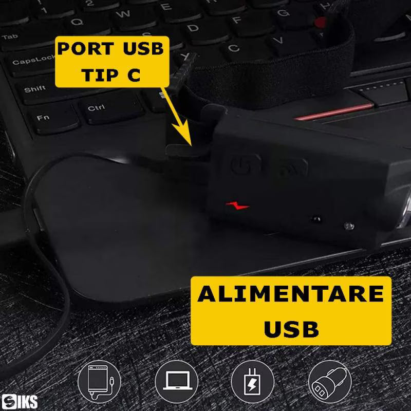 Lanterna de cap LED cu port USB-C pentru incarcare rapida de la laptop, power bank sau incarcator auto