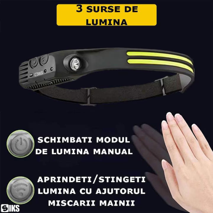 Lanterna de cap LED cu 3 surse de lumina si control prin senzor de miscare al palmei