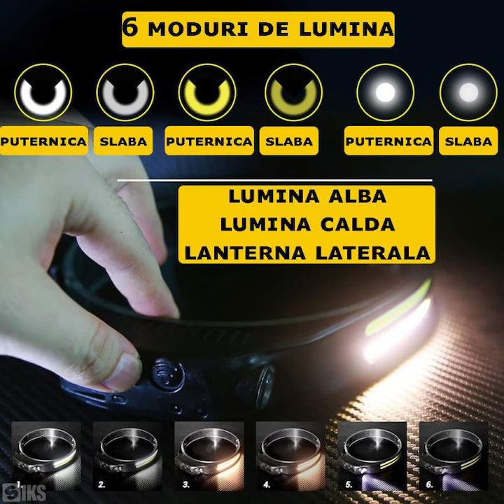 Lanterna de cap LED COB XPE cu 6 moduri de iluminare: lumina alba, calda si lanterna laterala