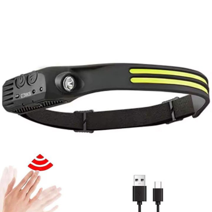 Lanterna de cap LED COB XPE, senzor de miscare, IPX4, acumulator 1200mAh, unghi 230°, incarcare USB-C