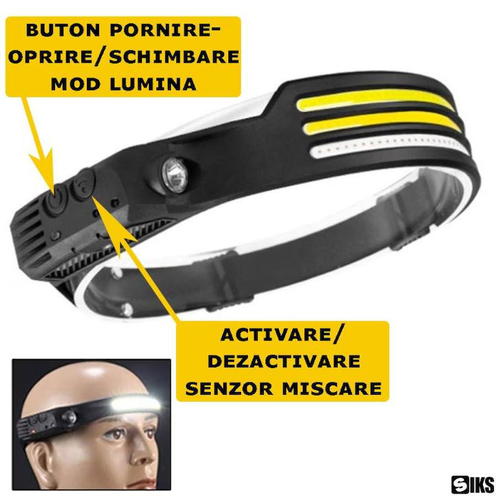 Lanterna frontala LED COB cu butoane control mod lumina si senzor de miscare activabil, purtata pe cap