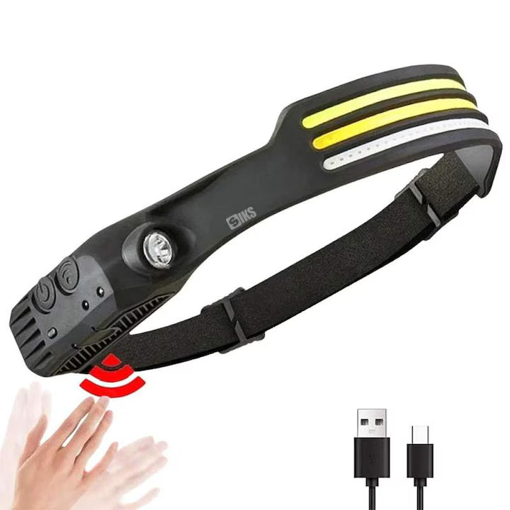 Lanterna frontala LED COB cu senzor de miscare, 4 surse lumina, reincarcare USB Type-C, rezistenta la apa