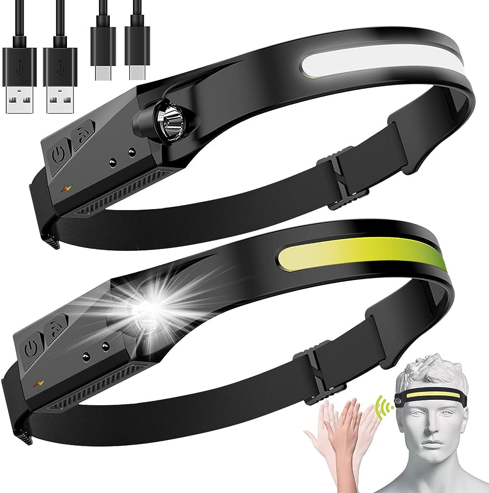 Lanterna de cap COB XPE cu senzor gestual, 350 lumeni, IPX4, incarcare USB-C, set 2 bucati cu cabluri