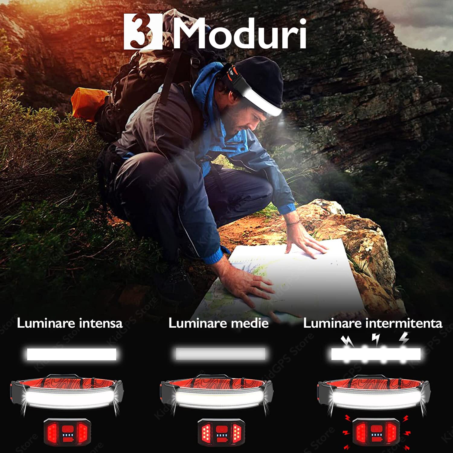 Lanterna de cap COB cu 3 moduri de iluminare: intens, mediu si intermitent, ideala pentru drumetii nocturne