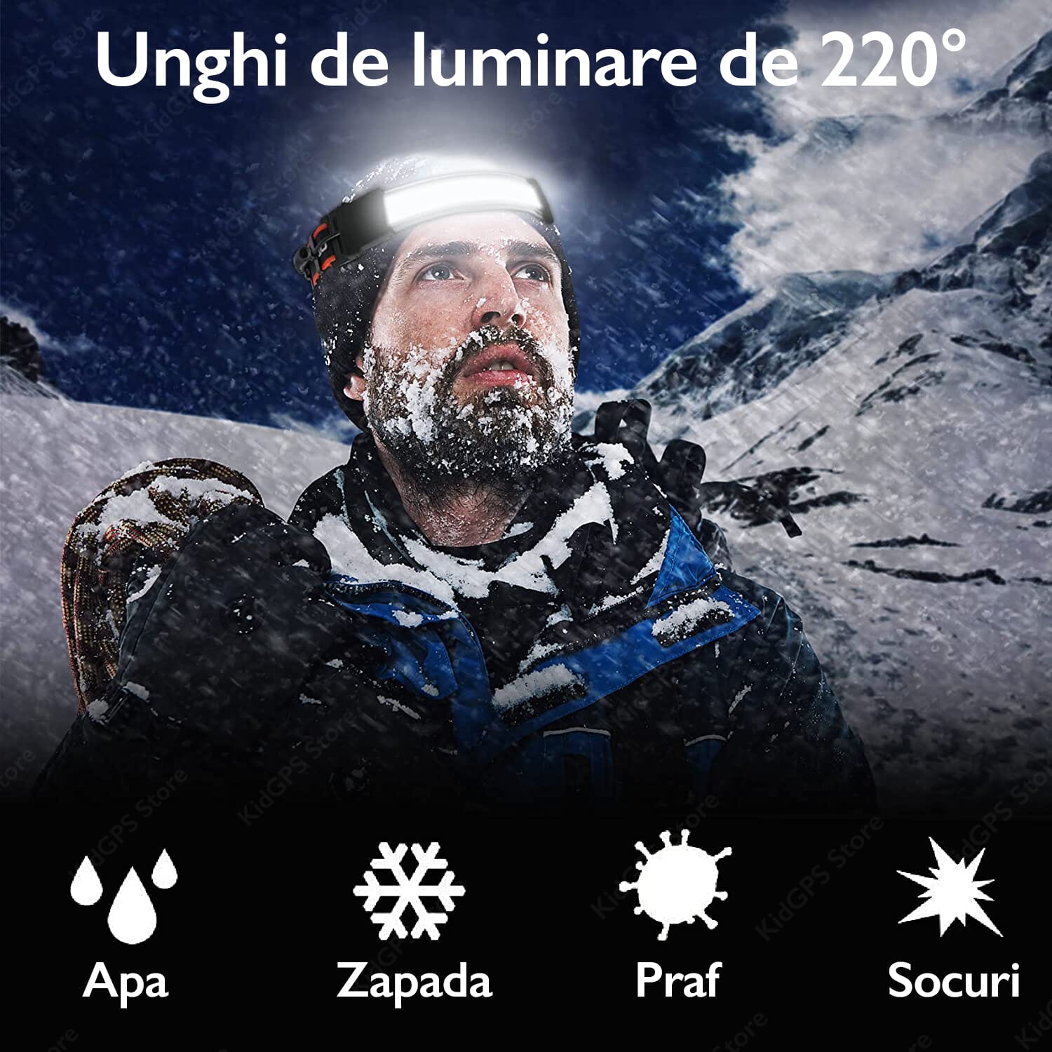 Lanterna frontala LED COB cu unghi de luminare 220 grade, rezistenta la apa, zapada, praf si socuri