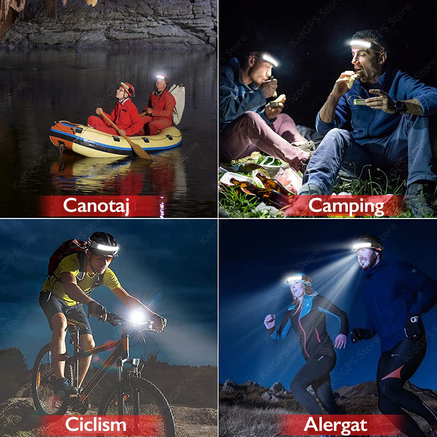 Lanterna frontala LED COB reincarcabila USB, potrivita pentru canotaj, camping, ciclism si alergat nocturn