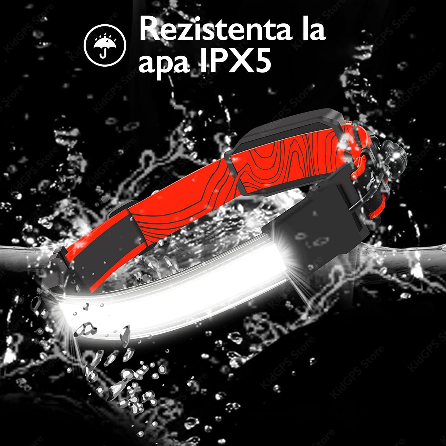 Lanterna de cap COB cu protectie IPX5, rezistenta la stropire, luminand puternic in contact cu apa
