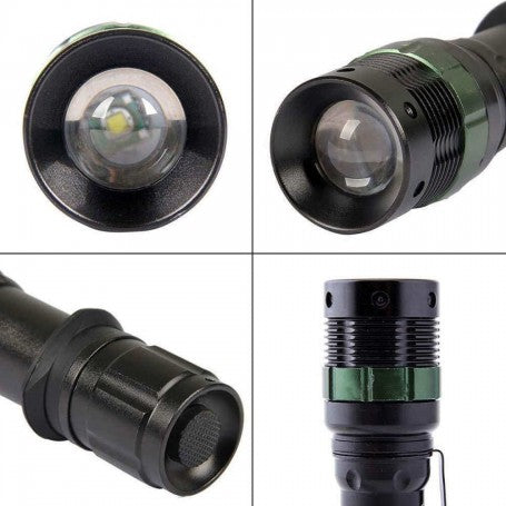 Lanterna LED portabila, detalii lentila, inel zoom verde si buton spate, corp compact din metal
