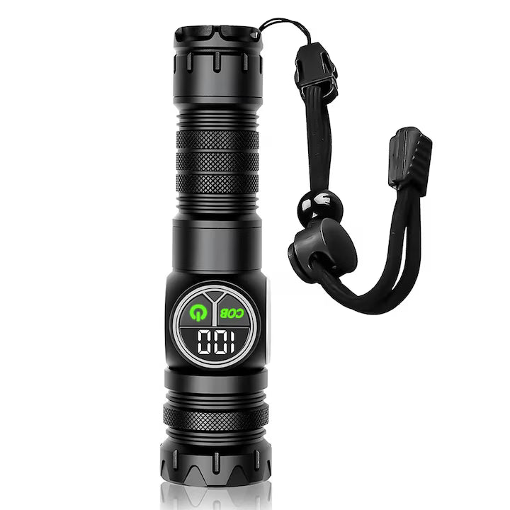 Lanterna tactica LED XHP 6000 lumeni cu zoom telescopic, display digital baterie si magnet fixare, corp aluminiu negru