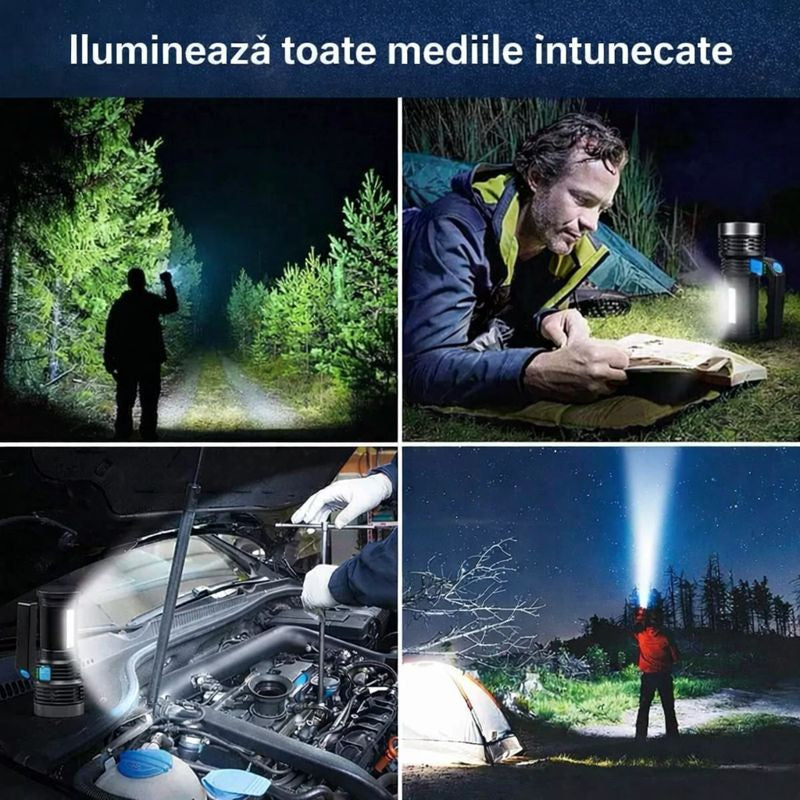 Lanterna LED portabila utilizata la camping, drumetie, reparatii auto si situatii de urgenta
