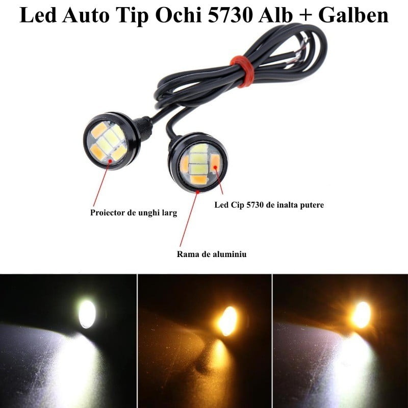 Mini proiector LED auto tip ochi, lumina alba si galbena, rama aluminiu, cip 5730
