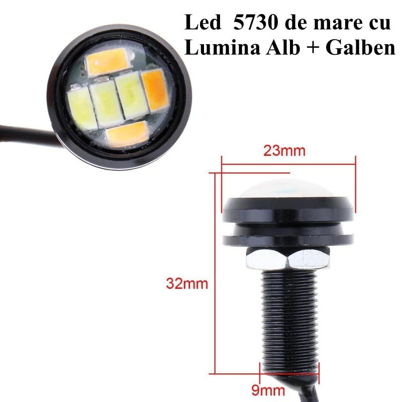 Mini proiector LED auto 23mm cu dimensiuni 32mm inaltime si 9mm filet, lumina duala