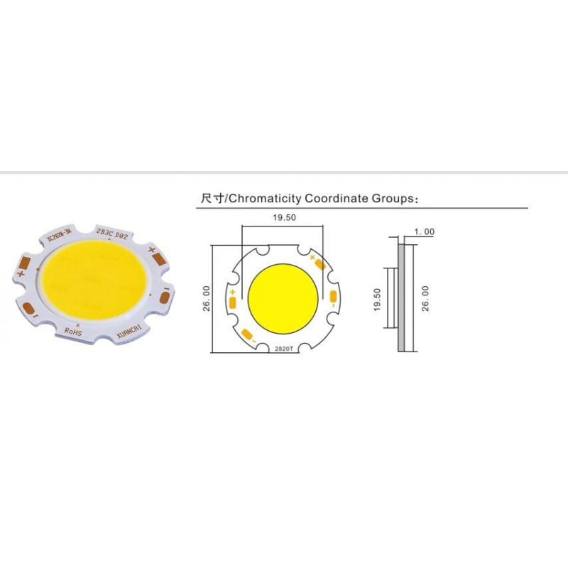 Diagrama dimensiuni chip LED COB 26mm, diametru pastila emitenta 19.5mm, grosime 1mm