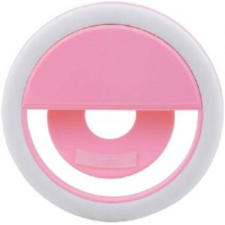 Ring light LED roz, vedere frontala, design circular compact cu clip integrat