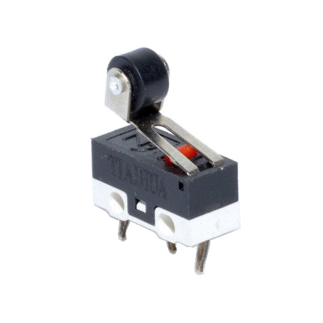 Limitator micro cu rola metalica, vedere laterala in unghi, 3 pini de conectare