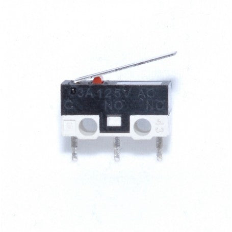 Limitator micro cu tija 13x13x6mm, 3A, 125V AC, contacte NO si NC vizibile, vedere frontala