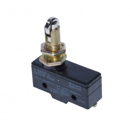 Limitator de cursa industrial cu rola, vedere laterala stanga, eticheta tehnica 220V-480V vizibila