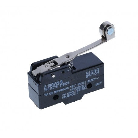 Limitator de cursa 15A 250V AC cu tija lunga 63mm si rola 11mm, corp ABS ignifug, vedere laterala