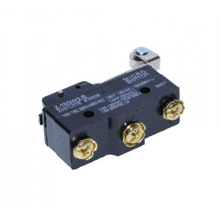 Limitator de cursa 15A cu terminale cu surub aurii vizibile si rola metalica, vedere frontala