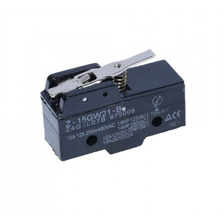 Limitator de cursa cu tija scurta 40mm, 15A, 250V AC, corp compact negru cu arc si lamela metalica