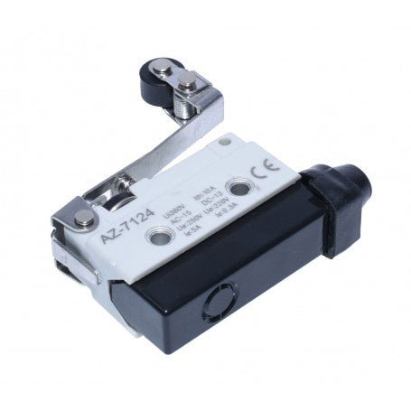 Limitator de cursa cu parghie si rola, vedere din unghi superior, corp alb-negru compact