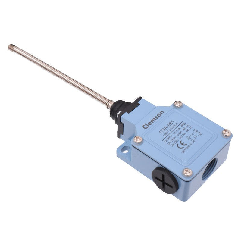 limitator de cursa cu tija flexibila metalica, vedere laterala in perspectiva, IP65