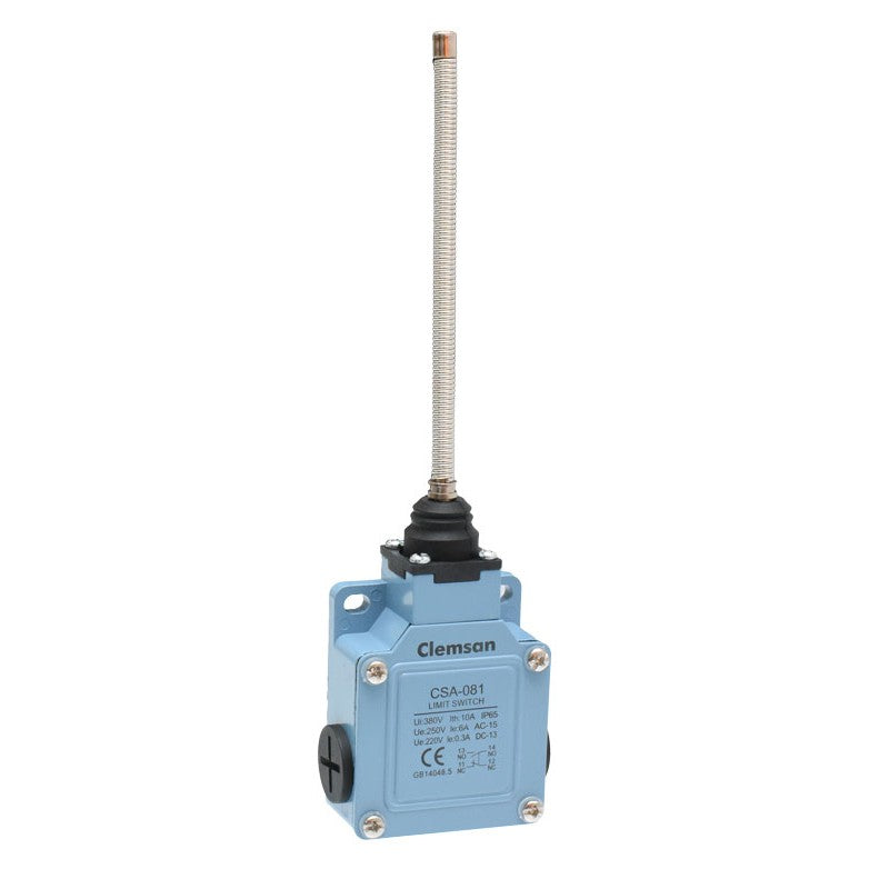 limitator de cursa cu arc metalic flexibil IP65, 10A, 380V, carcasa albastra industriala