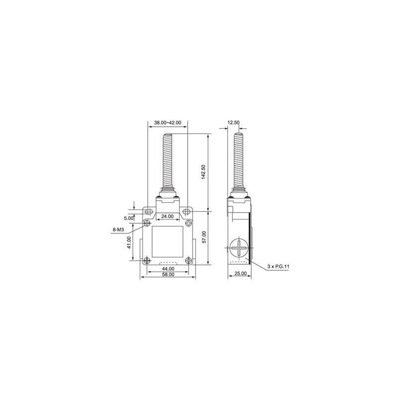 desen tehnic limitator de cursa cu arc metalic, dimensiuni 58x57mm, racord 3xPG11