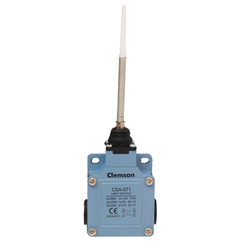 limitator de cursa cu arc flexibil, vedere frontala cu eticheta tehnica IP65 si 10A