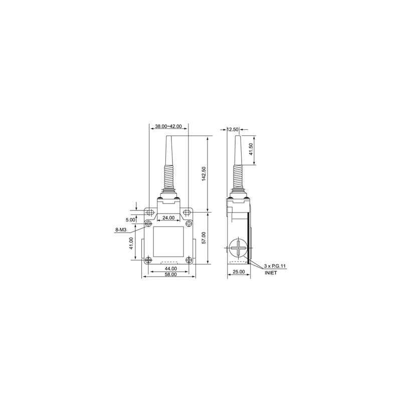 desen tehnic limitator de cursa cu dimensiuni, corp 58x57mm, arc 142.5mm, intrare PG11