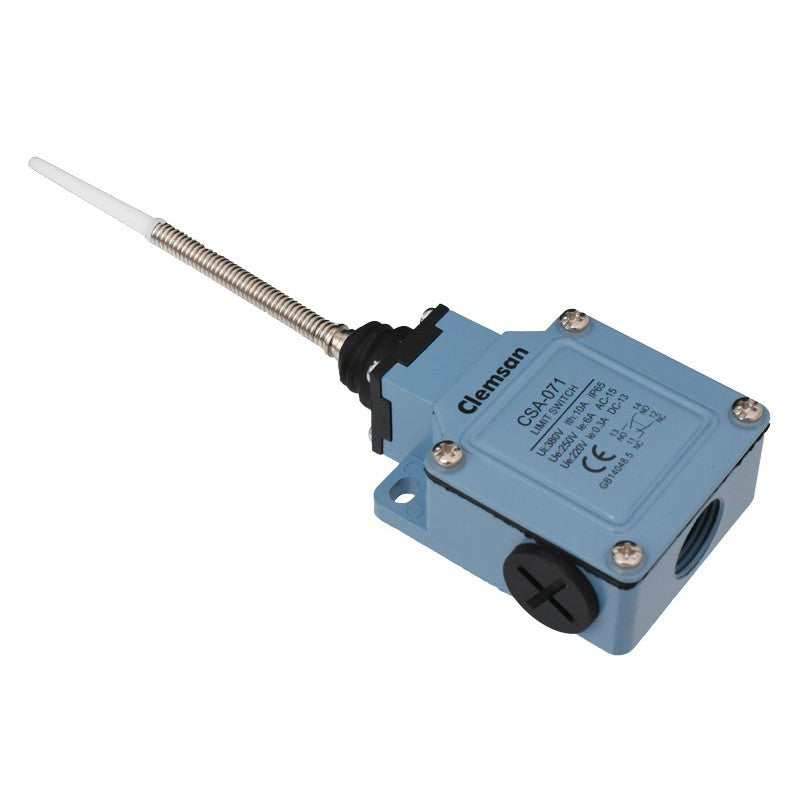 limitator de cursa cu arc si varf plastic, vedere izometrica, racord cablu lateral