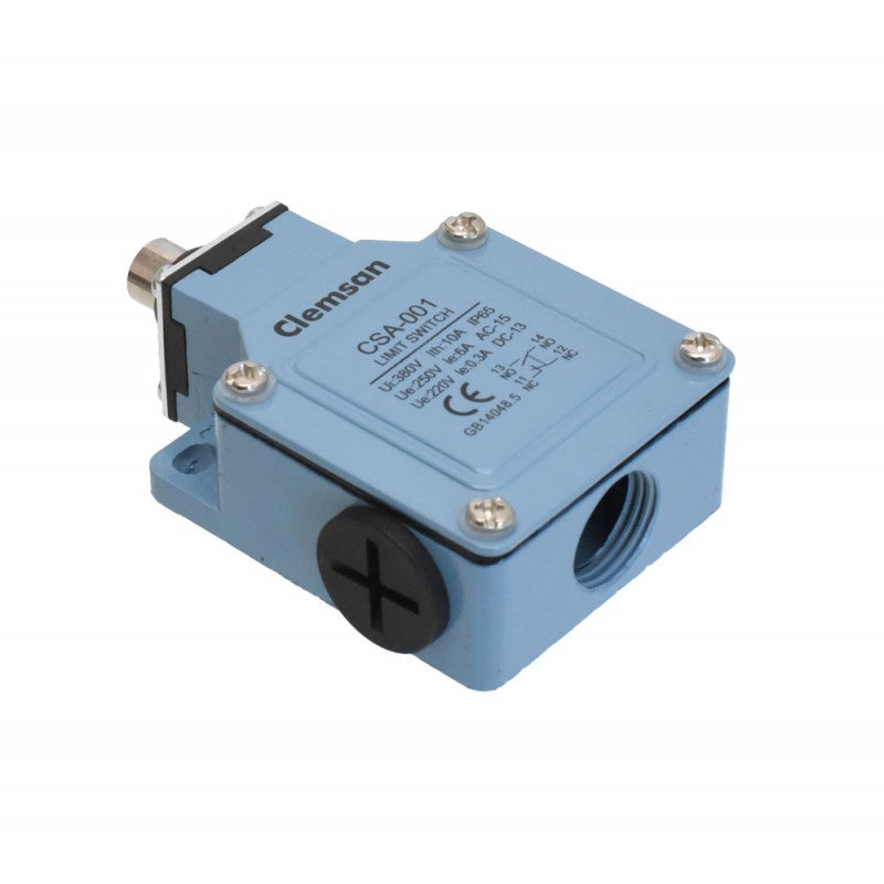 Limitator de cursa cu buton metalic IP65, 10A, 380V, carcasa albastra robusta pentru automatizari industriale