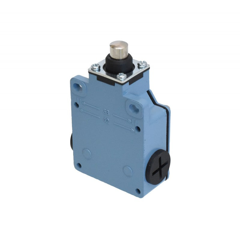 Limitator de cursa cu buton, vedere spate cu orificii de montaj si racord PG11