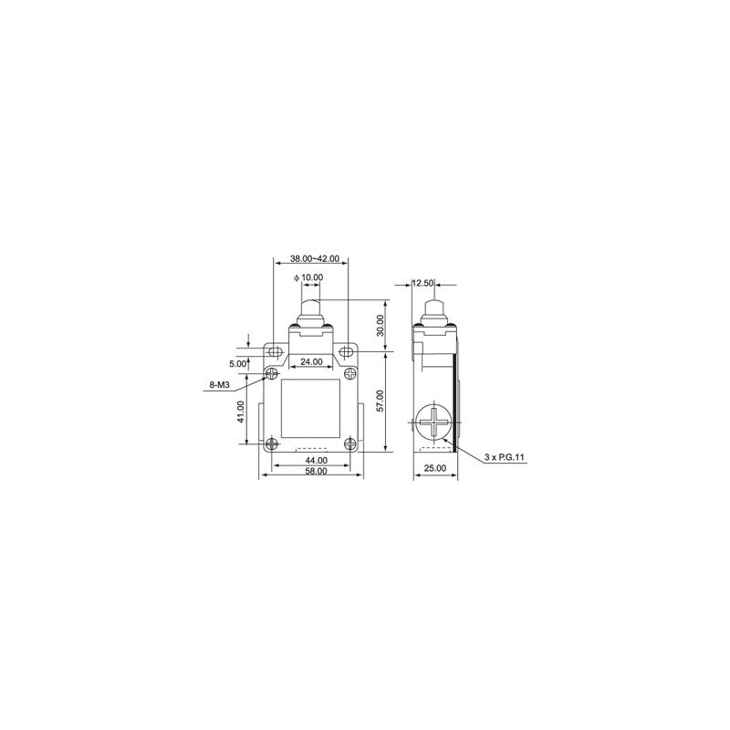 Desen tehnic limitator de cursa cu dimensiuni, racord PG11, latime 58mm, inaltime 57mm