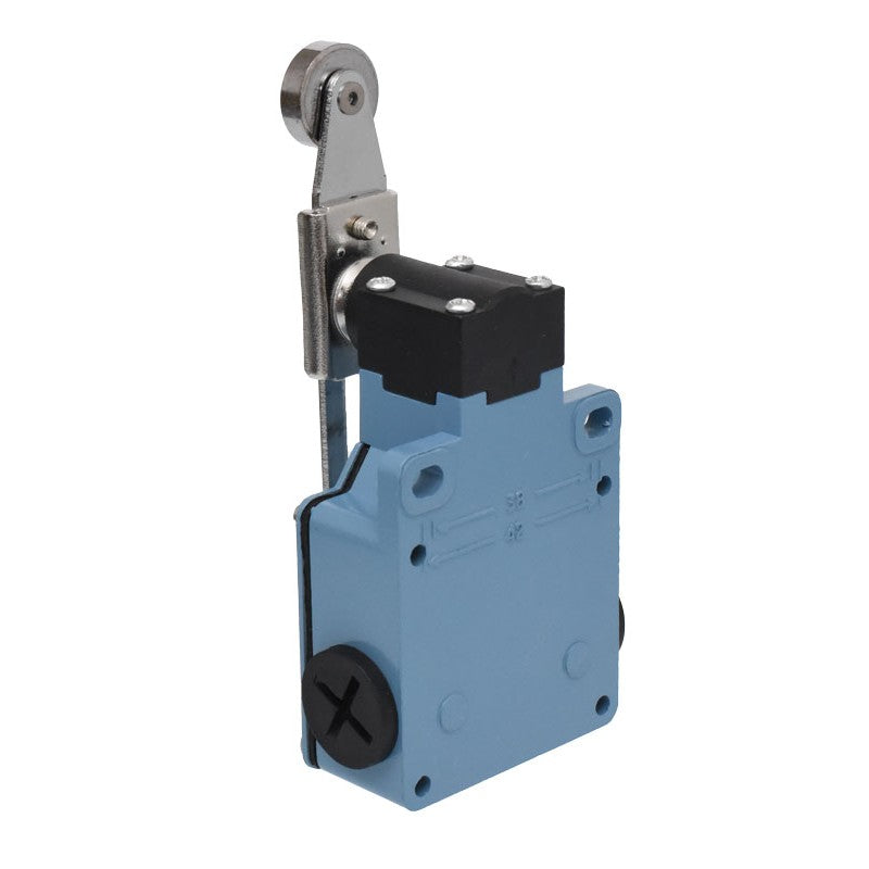 limitator de cursa cu rola metalica pe brat articulat, vedere laterala stanga