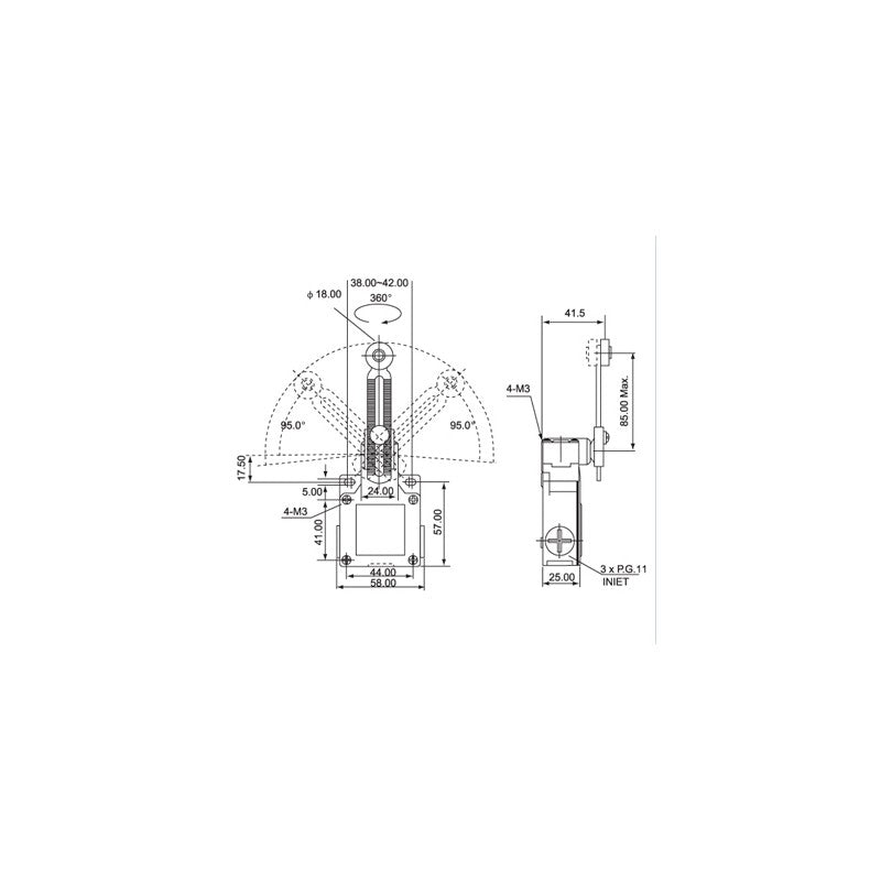desen tehnic limitator de cursa cu dimensiuni, unghi de rotatie 95 grade, racord PG11