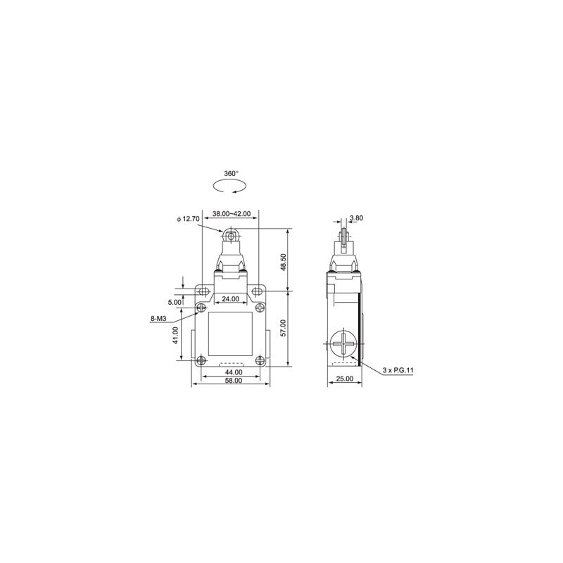 desen tehnic limitator de cursa cu rola, cote 58x57mm, racord 3xPG11