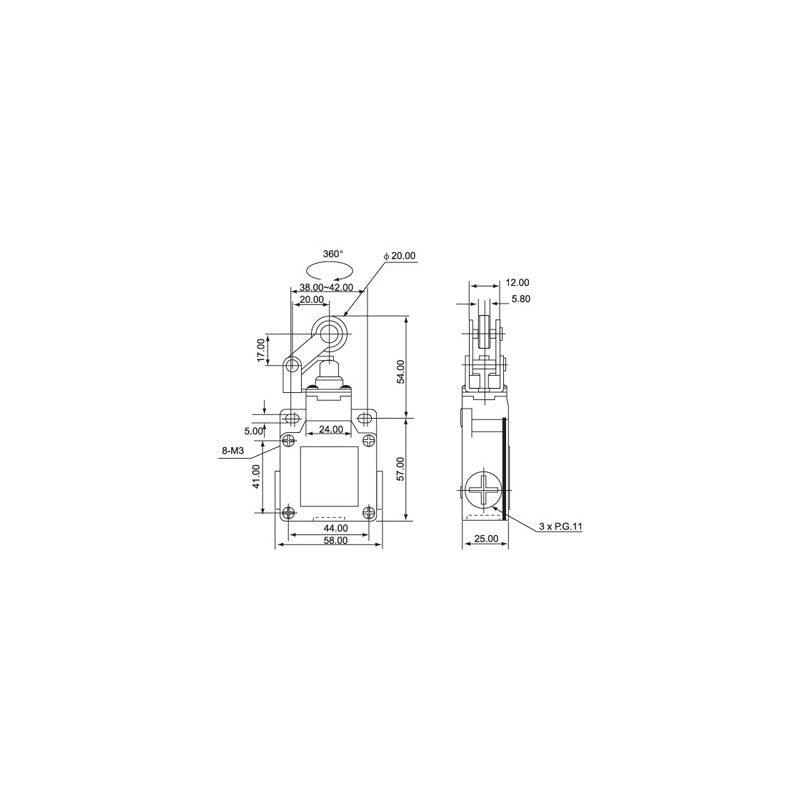 desen tehnic limitator de cursa cu rola, cote 58x57mm, rola 20mm diametru, 3xPG11