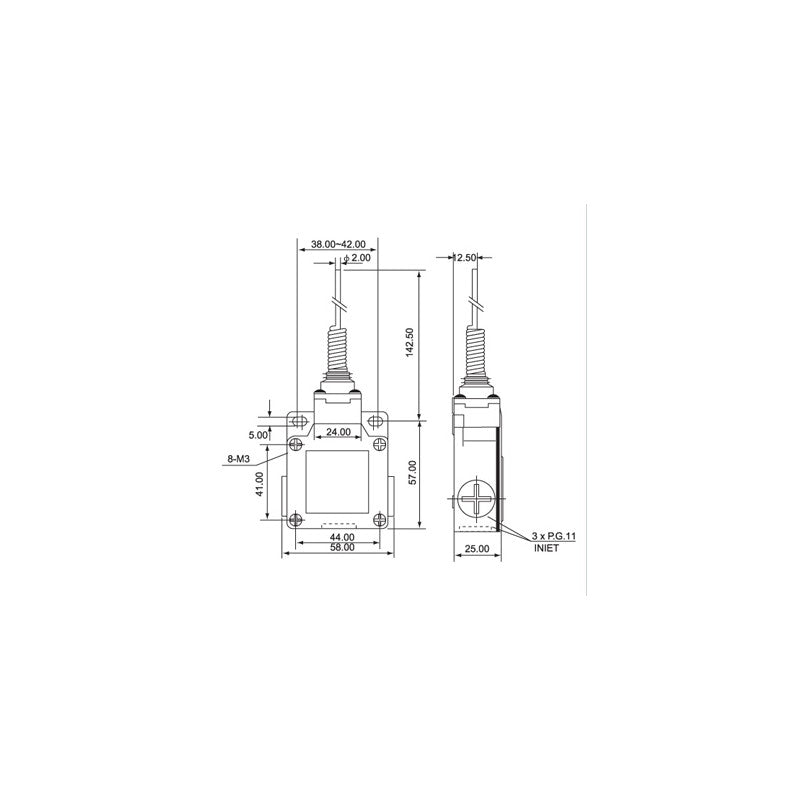 limitator de cursa cu sarma flexibila - desen tehnic cu dimensiuni 58x57mm si intrari PG11