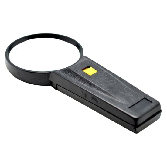 Lupa de mana cu LED integrat, marire 2,5X, lentila 90mm, maner ergonomic negru cu buton galben