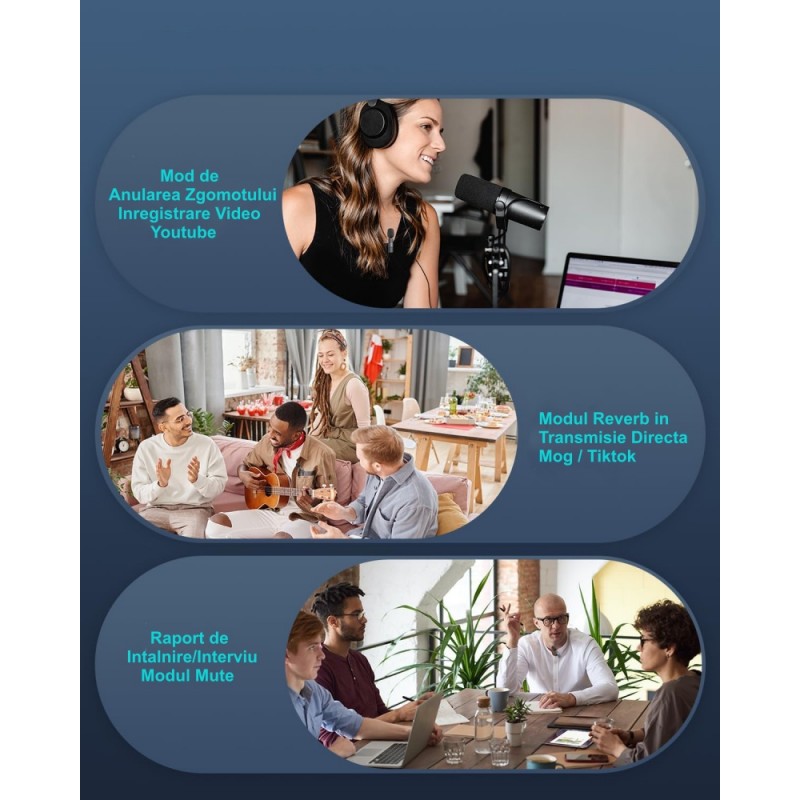 Microfon lavaliera wireless utilizat pentru podcast, transmisie live si interviu, cu reducere zgomot