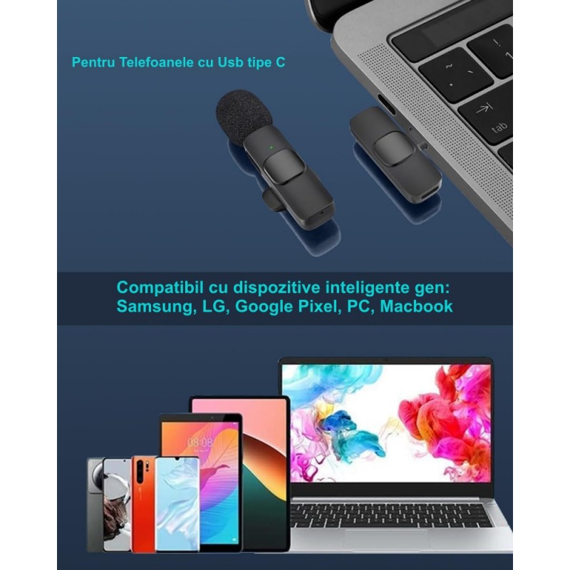 Microfon lavaliera wireless cu conector Type-C, compatibil telefoane si laptop, plug-and-play