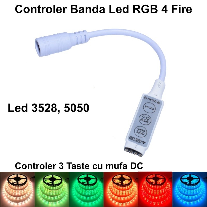Controller banda LED RGB 4 fire cu mufa DC, compatibil LED 3528 si 5050, moduri COLOR SPEED MODE
