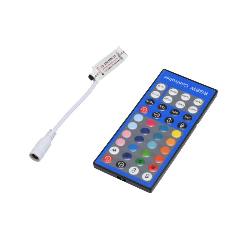 Controller mini RGBW si telecomanda IR 40 taste, vedere din spate cu butoanele colorate