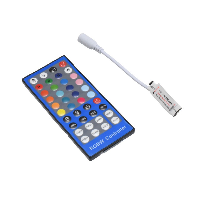 Mini controller RGBW cu telecomanda IR 40 taste, compatibil benzi LED 12V-24V, format compact
